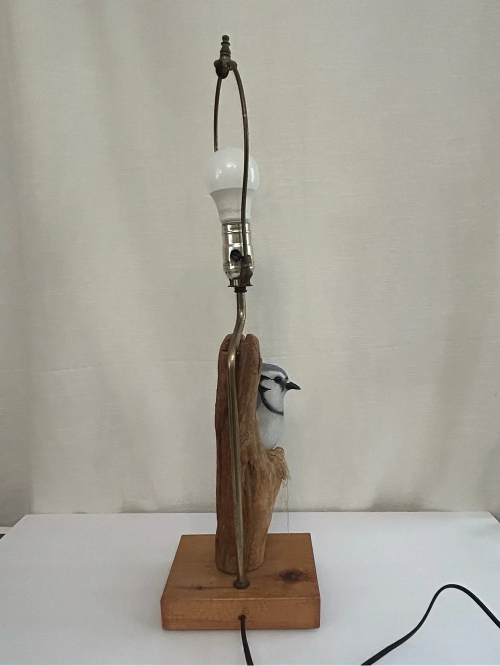 Likely Vintage Driftwood and Bluebird Maximalist Statue Working Lamp